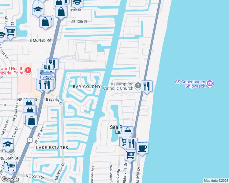 map of restaurants, bars, coffee shops, grocery stores, and more near 2121 South Ocean Boulevard in Pompano Beach