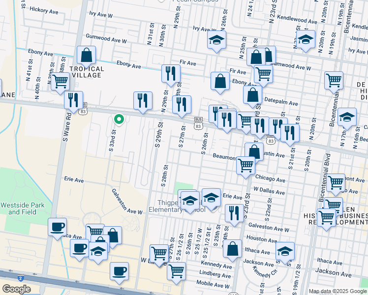 map of restaurants, bars, coffee shops, grocery stores, and more near 2636 Beaumont Avenue in McAllen