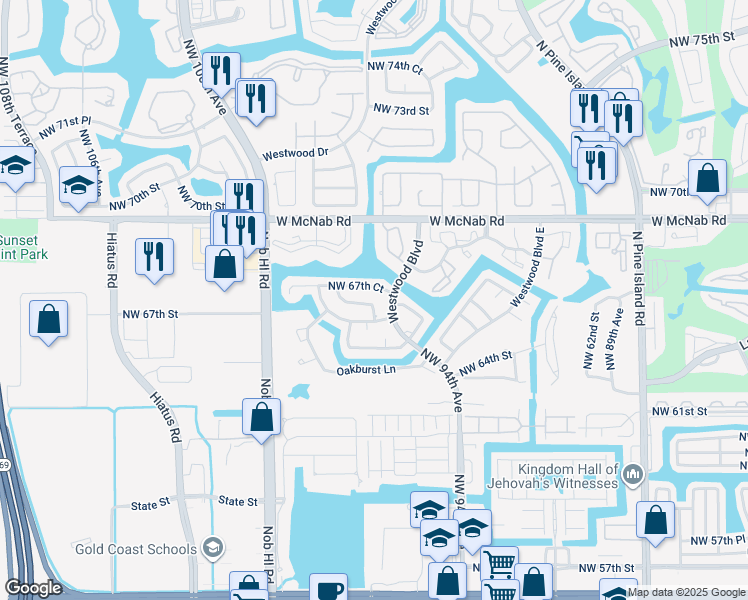 map of restaurants, bars, coffee shops, grocery stores, and more near 6618 Northwest 96th Terrace in Tamarac