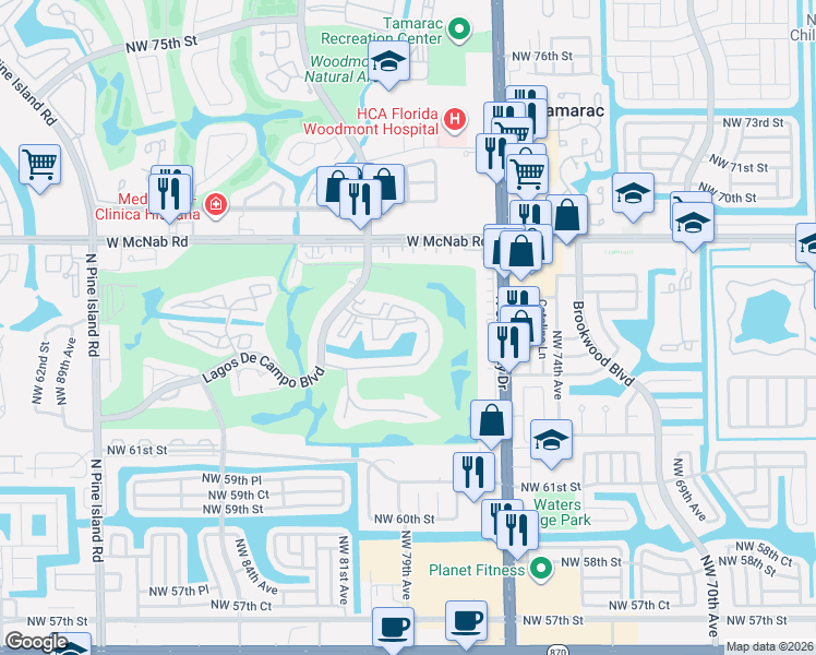 map of restaurants, bars, coffee shops, grocery stores, and more near 7910 North Colony Circle in Tamarac
