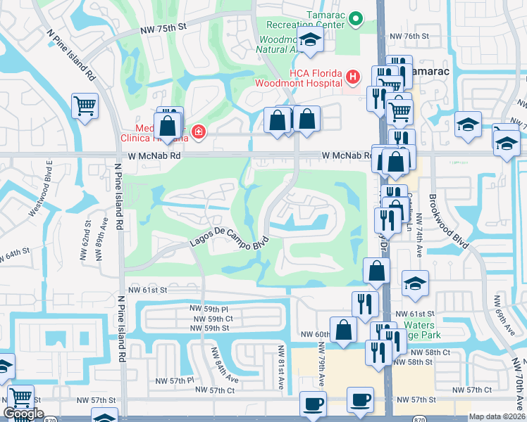 map of restaurants, bars, coffee shops, grocery stores, and more near 8040 North Colony Circle in Tamarac