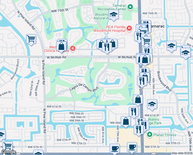 map of restaurants, bars, coffee shops, grocery stores, and more near 8040 North Colony Circle in Tamarac