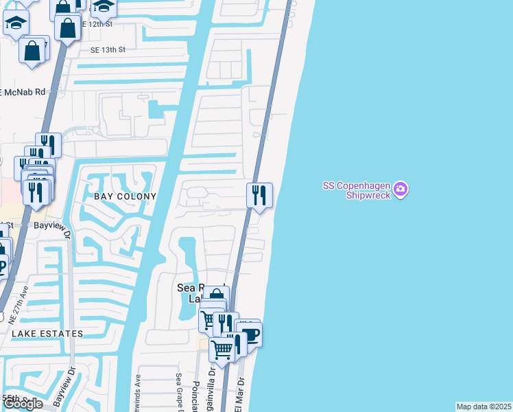 map of restaurants, bars, coffee shops, grocery stores, and more near 2000 South Ocean Boulevard in Pompano Beach
