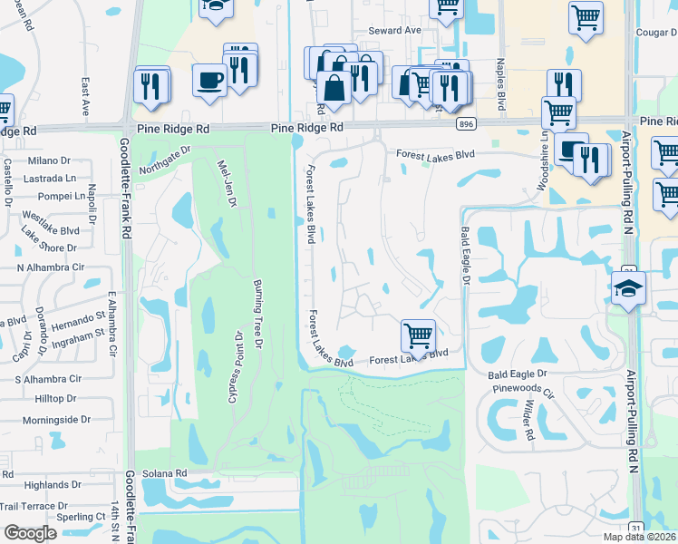 map of restaurants, bars, coffee shops, grocery stores, and more near 1081 Forest Lakes Drive in Naples