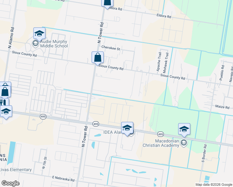map of restaurants, bars, coffee shops, grocery stores, and more near 411 Tower Hills Street in Alamo