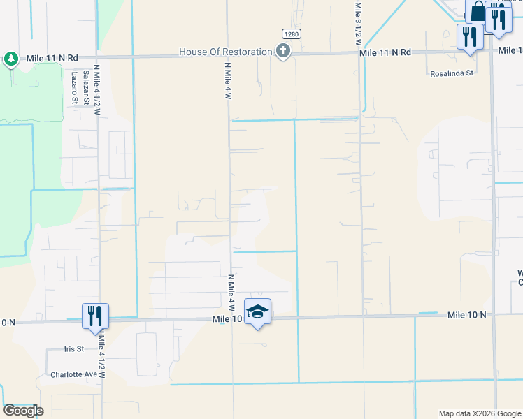 map of restaurants, bars, coffee shops, grocery stores, and more near 4734 Mile 4 West Road in Weslaco
