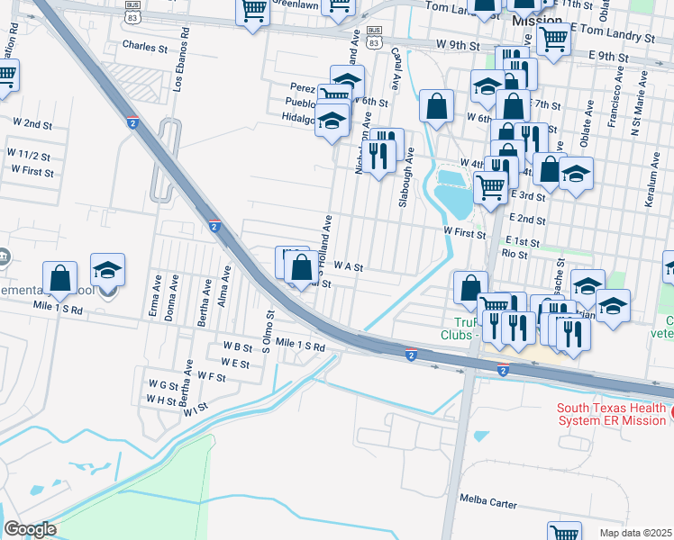 map of restaurants, bars, coffee shops, grocery stores, and more near 215 South Holland Avenue in Mission