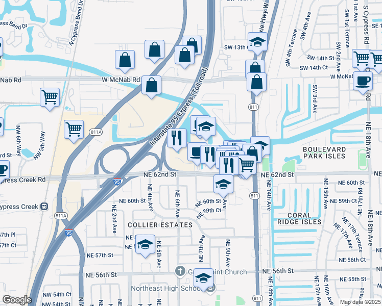 map of restaurants, bars, coffee shops, grocery stores, and more near 600 Corporate Drive in Fort Lauderdale