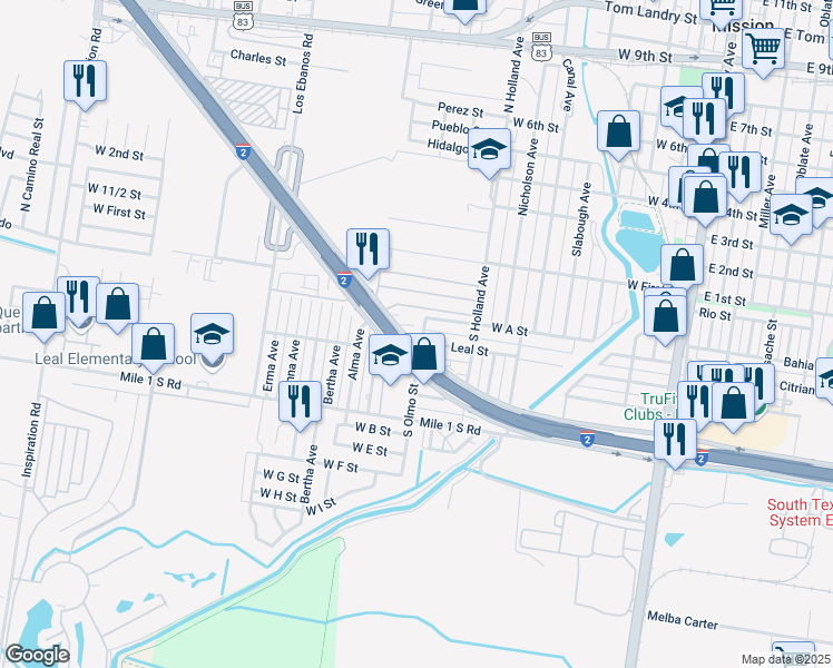 map of restaurants, bars, coffee shops, grocery stores, and more near 910 West Expressway 83 in Mission