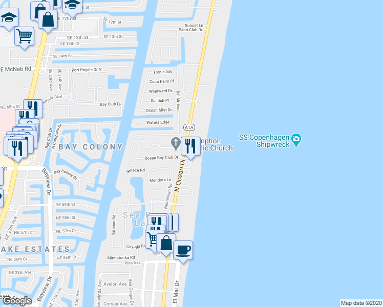 map of restaurants, bars, coffee shops, grocery stores, and more near 2000 South Ocean Boulevard in Pompano Beach