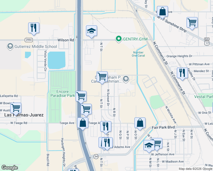 map of restaurants, bars, coffee shops, grocery stores, and more near 1302 N T St in Harlingen