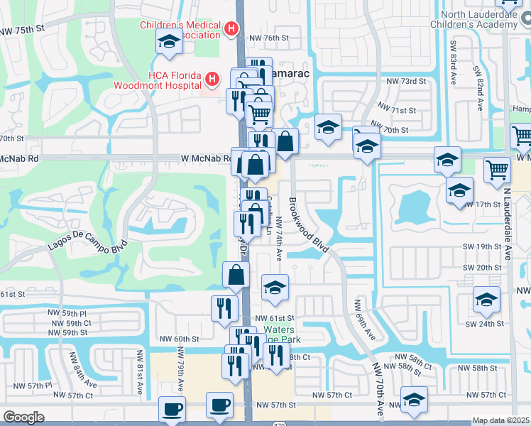 map of restaurants, bars, coffee shops, grocery stores, and more near 6530 North University Drive in Tamarac