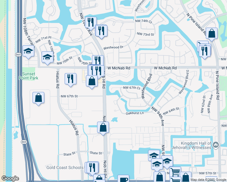 map of restaurants, bars, coffee shops, grocery stores, and more near 9814 Northwest 67th Court in Tamarac