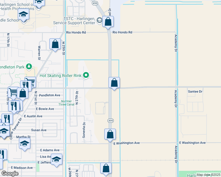 map of restaurants, bars, coffee shops, grocery stores, and more near 1206 North Ed Carey Drive in Harlingen