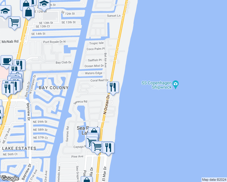 map of restaurants, bars, coffee shops, grocery stores, and more near 2000 South Ocean Boulevard in Pompano Beach
