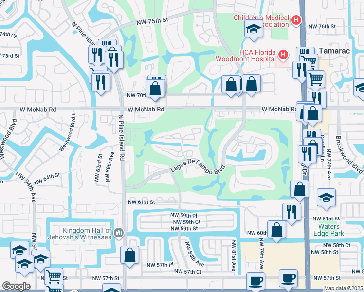 map of restaurants, bars, coffee shops, grocery stores, and more near 8351 Sands Point Boulevard in Tamarac