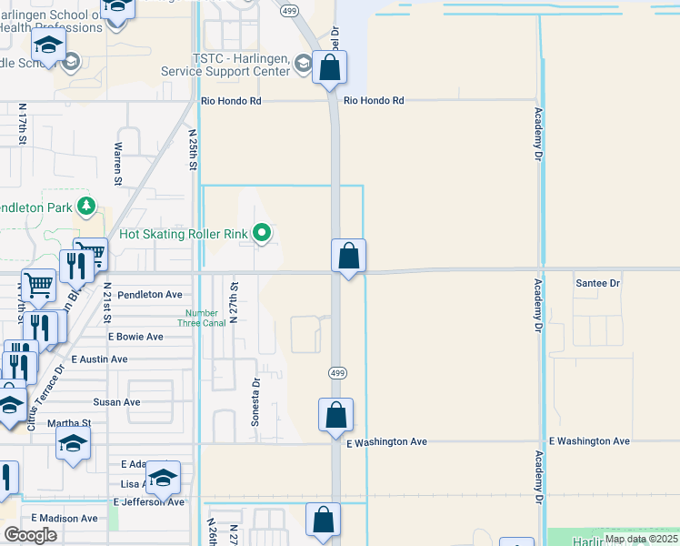 map of restaurants, bars, coffee shops, grocery stores, and more near 3210 Grimes Road in Harlingen