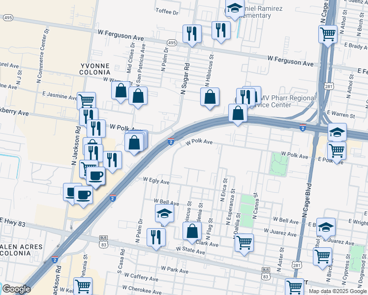 map of restaurants, bars, coffee shops, grocery stores, and more near 903 North Flag Street in Pharr