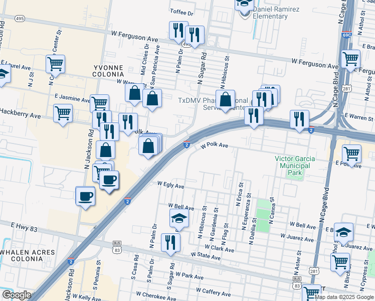 map of restaurants, bars, coffee shops, grocery stores, and more near 1161 Interstate 2 in Pharr