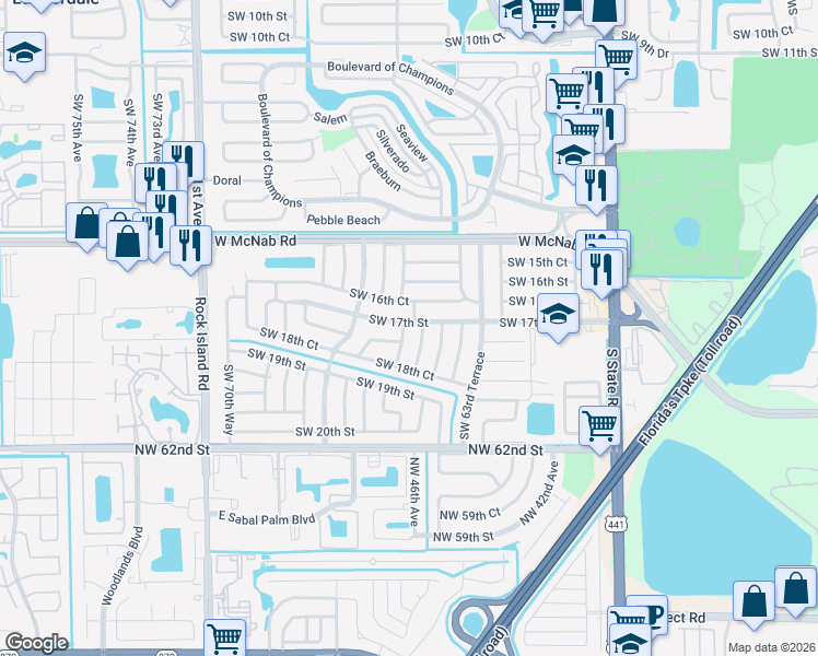 map of restaurants, bars, coffee shops, grocery stores, and more near 6601 Southwest 18th Street in Pompano Beach