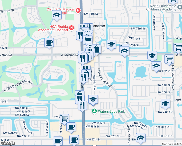 map of restaurants, bars, coffee shops, grocery stores, and more near 6530 North University Drive in Tamarac