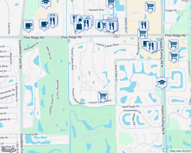 map of restaurants, bars, coffee shops, grocery stores, and more near 441 Quail Forest Boulevard in Naples