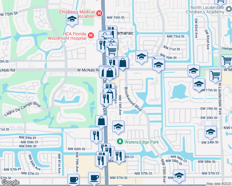 map of restaurants, bars, coffee shops, grocery stores, and more near 6530 North University Drive in Tamarac