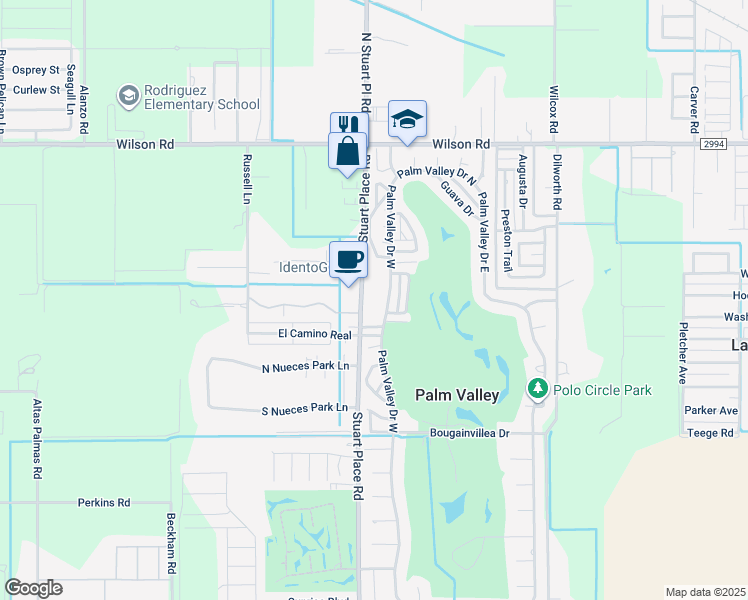 map of restaurants, bars, coffee shops, grocery stores, and more near 1411 Stuart Place Road in Harlingen