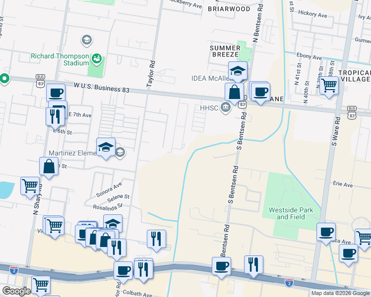 map of restaurants, bars, coffee shops, grocery stores, and more near 411 South 48th Lane in McAllen