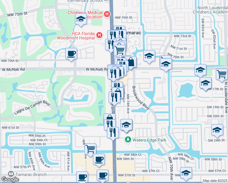 map of restaurants, bars, coffee shops, grocery stores, and more near 6530 North University Drive in Tamarac