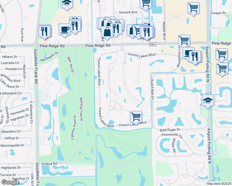 map of restaurants, bars, coffee shops, grocery stores, and more near 1081 Forest Lakes Drive in Naples