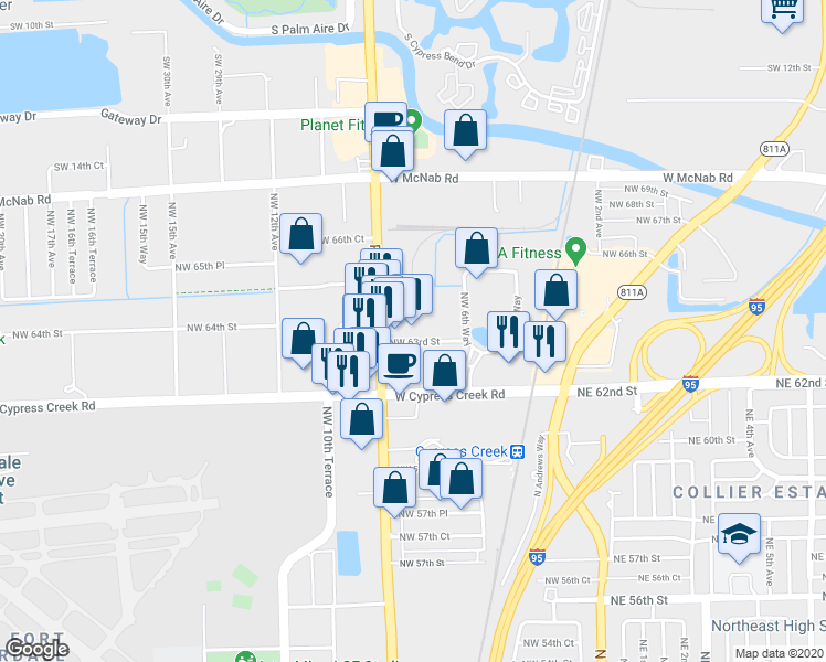 map of restaurants, bars, coffee shops, grocery stores, and more near 600 Northwest 63rd Street in Fort Lauderdale