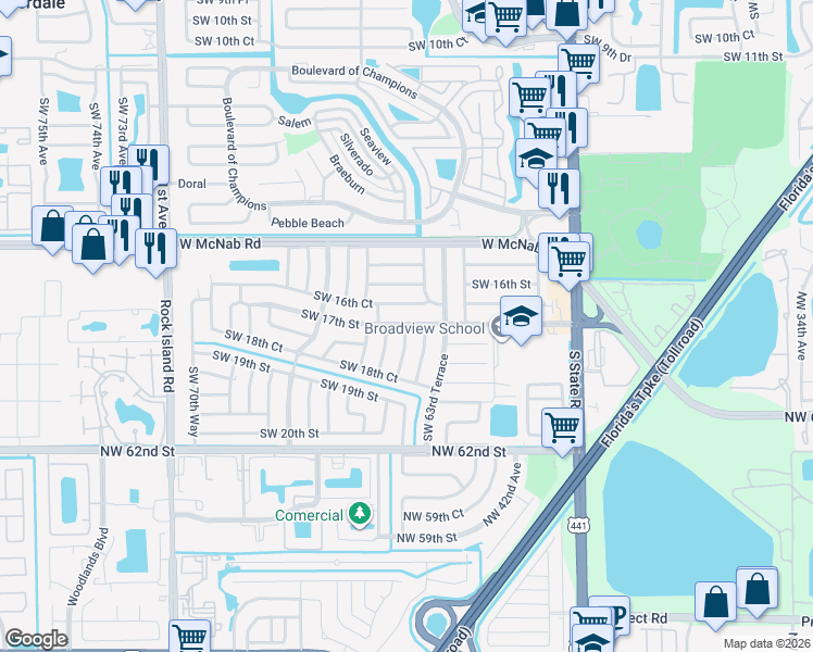 map of restaurants, bars, coffee shops, grocery stores, and more near 1721 Southwest 64th Terrace in North Lauderdale
