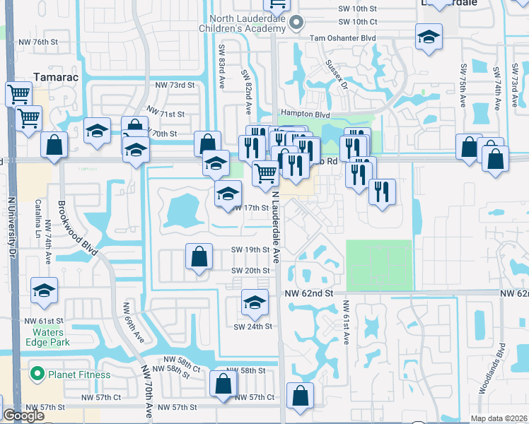 map of restaurants, bars, coffee shops, grocery stores, and more near 8102 Southwest 17th Court in North Lauderdale