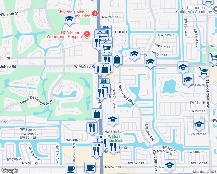 map of restaurants, bars, coffee shops, grocery stores, and more near 6530 North University Drive in Tamarac