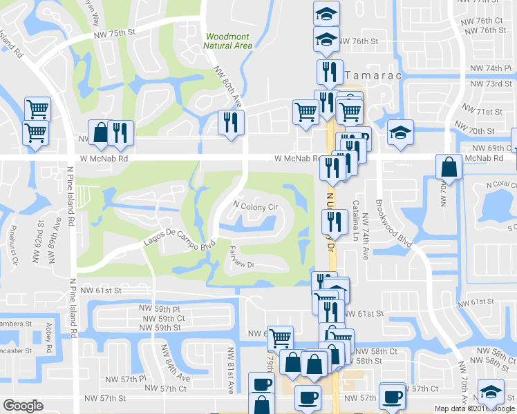 map of restaurants, bars, coffee shops, grocery stores, and more near 10777 W Sample Rd in Tamarac