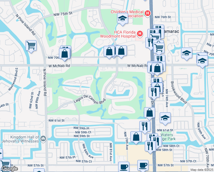 map of restaurants, bars, coffee shops, grocery stores, and more near 8040 North Colony Circle in Tamarac