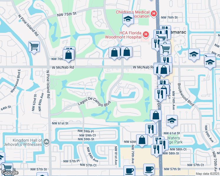map of restaurants, bars, coffee shops, grocery stores, and more near 8040 North Colony Circle in Tamarac