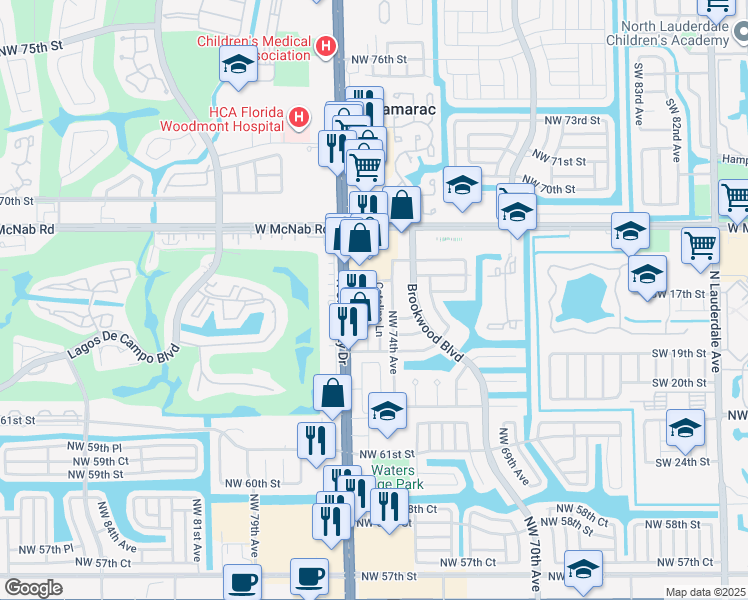 map of restaurants, bars, coffee shops, grocery stores, and more near 6530 North University Drive in Tamarac