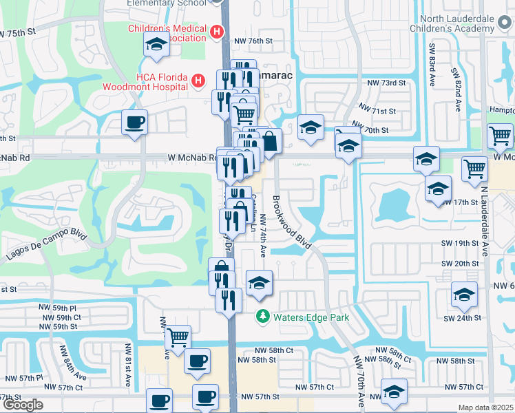 map of restaurants, bars, coffee shops, grocery stores, and more near 6532 Catalina Lane in Tamarac