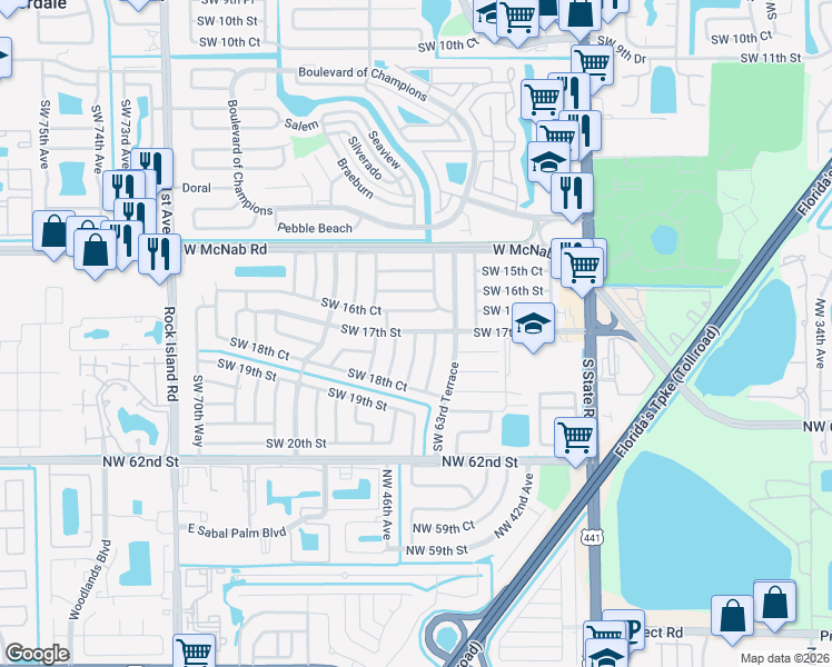 map of restaurants, bars, coffee shops, grocery stores, and more near 1721 Southwest 64th Terrace in North Lauderdale