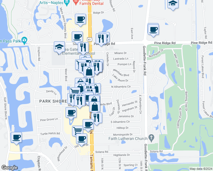 map of restaurants, bars, coffee shops, grocery stores, and more near 1061 North Alhambra Circle in Naples