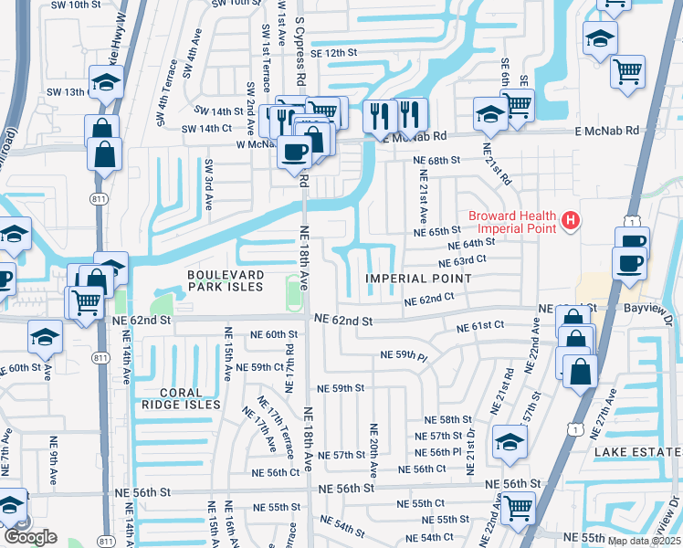 map of restaurants, bars, coffee shops, grocery stores, and more near 6310 Northeast 19th Avenue in Fort Lauderdale