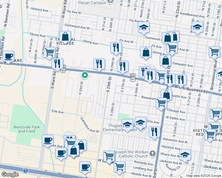 map of restaurants, bars, coffee shops, grocery stores, and more near 204 South 28th Street in McAllen