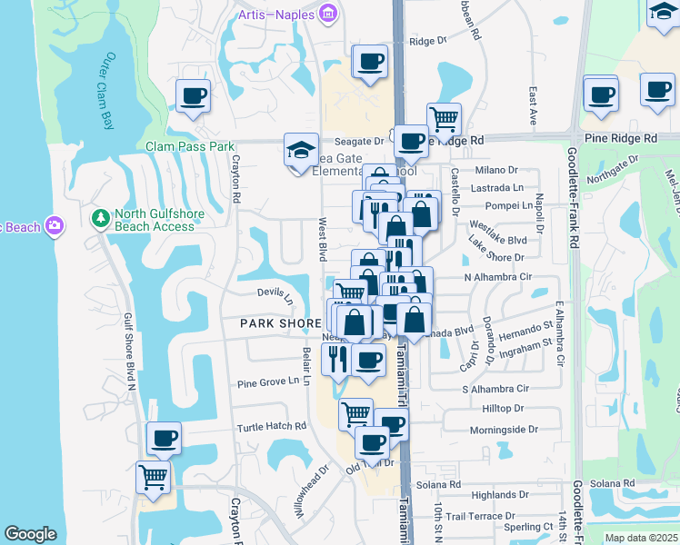 map of restaurants, bars, coffee shops, grocery stores, and more near 5050 West Blvd Court in Naples
