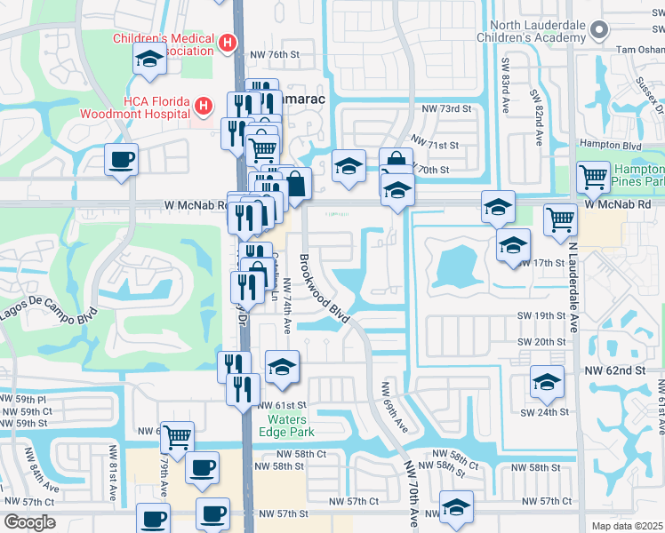 map of restaurants, bars, coffee shops, grocery stores, and more near 6413 Northwest 72nd Avenue in Tamarac