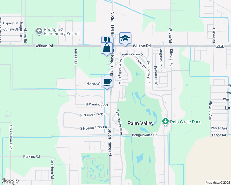 map of restaurants, bars, coffee shops, grocery stores, and more near 1411 Stuart Place Road in Harlingen