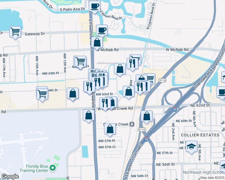 map of restaurants, bars, coffee shops, grocery stores, and more near 6363 Northwest 6th Way in Fort Lauderdale