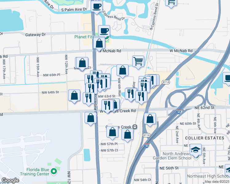 map of restaurants, bars, coffee shops, grocery stores, and more near 600-802 Northwest 63rd Street in Fort Lauderdale