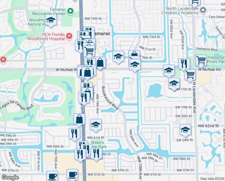 map of restaurants, bars, coffee shops, grocery stores, and more near 6413 Northwest 72nd Avenue in Tamarac